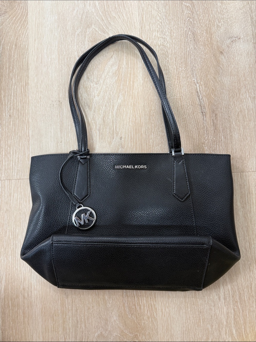 Michael Kors Black Pebbled Leather Shoulder Tote with MK Charm